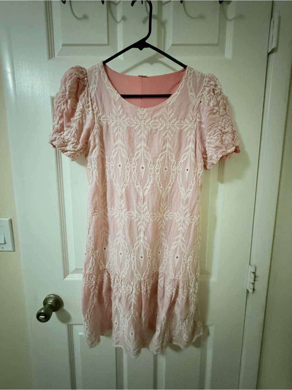 Soft Pink Embroidered Mini Dress with Puff Sleeves